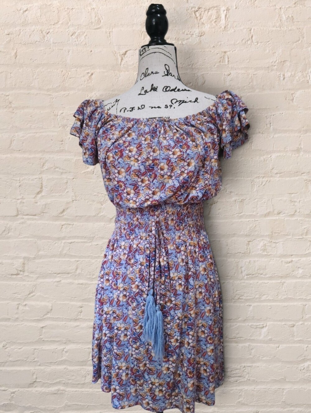 Parc & Lex Ruffel Off The Shoulder Smocked Mini Dress Floral Blue Pastel Size M